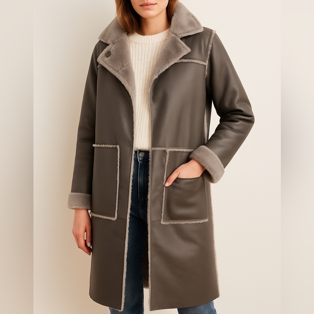 Anthropologie Gray Kerry Reversible Faux Fur Longline Coat